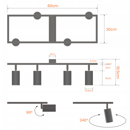 Wymiary ledowej lampy sufitowej z regulacją