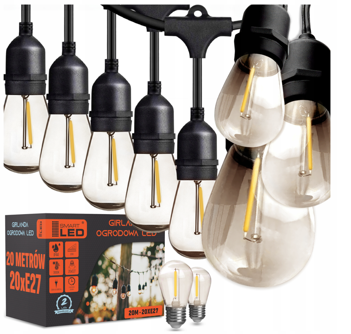 Girlanda ogrodowa LED 20 m – 20 żarówek E27, 1W, IP44
